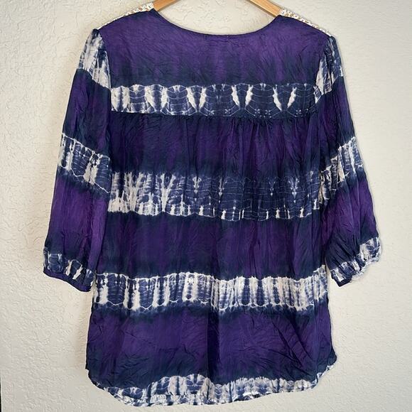 Calypso St Barth Target 100% Silk Purple Blue Tie Dye Blouse Crochet Resortwear - Picture 6 of 8